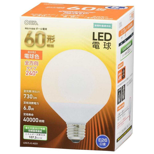 Ohm Electric LED Bulb Globe Shape E26 Equivalent to 60W - 1 Piece