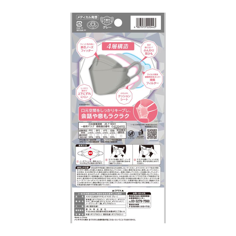 Kowa 3D Diamond Mask Free Size Gray Individually Wrapped