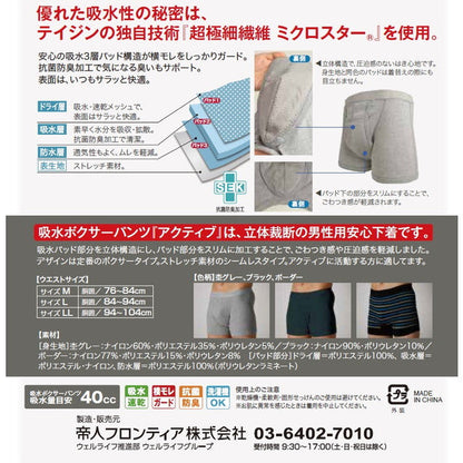 Teijin Frontier High-Function Absorbent Boxer Pants Active Gray 40cc L 1 Piece