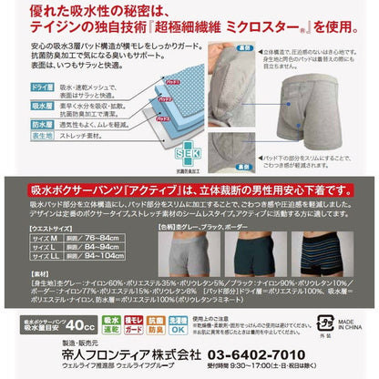 Teijin Frontier High-Function Absorbent Pants Boxer Shorts Active Stripe 40cc M 1 Piece